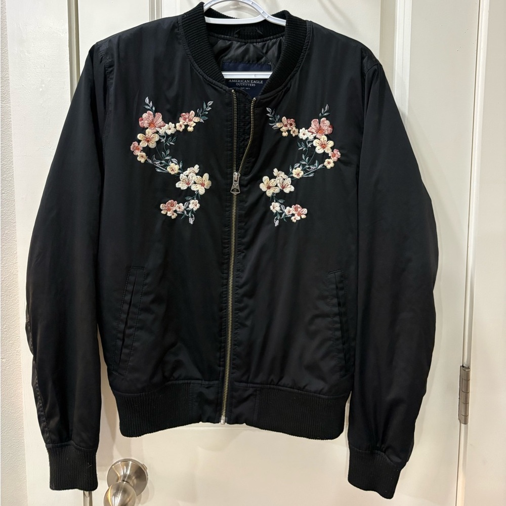 American Eagle Floral Embroidered Black Bomber Jacket